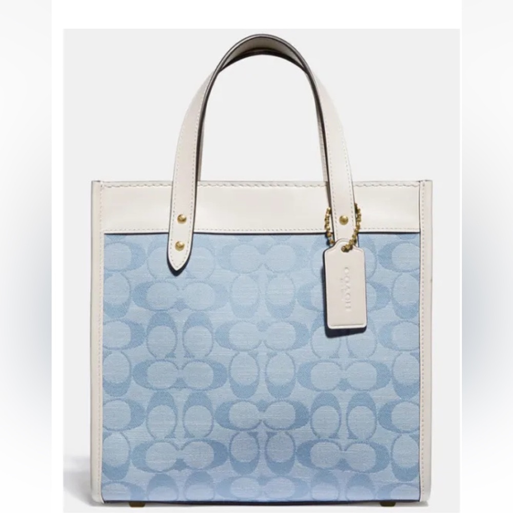 Coach Field Brass/Light Washed Denim Chalk Tote 22 In Signature Chambray